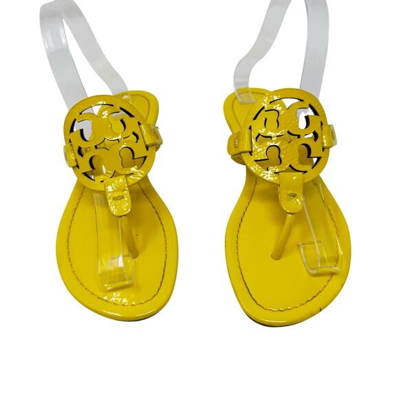 TORY BURCH Yellow Patent Leather Naplak Miller Logo Sandals Slides Flip Flops 7 - Picture 2 of 8